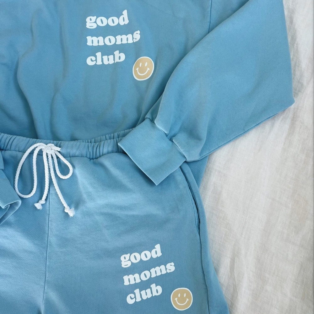 Sun Peony Coconut Good Moms Club sweatshirt and short set
